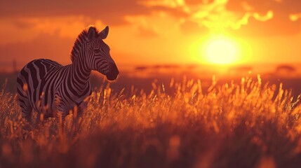 zebra in the African savanna at sunset . Generative Ai