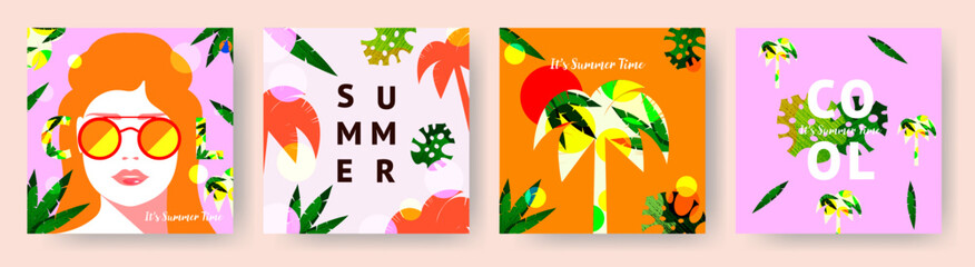 Wall Mural - Summer Set of backgrounds, posters, holiday covers. Summer cards with abstract tropical leaves and typography. Modern art minimalist style design templates for  fashion ads, sale, social media, print.