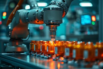 Poster - A robotic arm conducting intricate work in a high-tech manufacturing setting, illustrating automation, precision, and modern industry technology