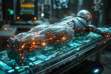 Poster - A state-of-the-art humanoid robot undergoing diagnostics, representing cutting-edge technology, AI, and the integration of robotics in medicine