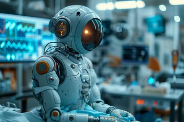 Poster - A sophisticated humanoid robot with advanced articulation in a high-tech laboratory, depicting artificial intelligence and the future of robotics