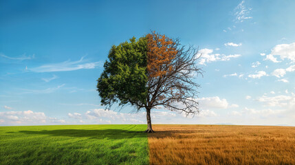 Seasons change, half green, half autumn tree in field