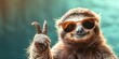 a sloth wearing sunglasses and a peace sign sign with its hand up in the air