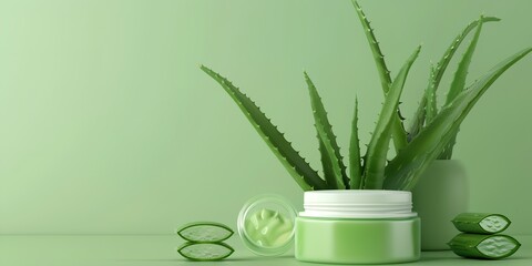 Wall Mural - aloe vera green plant with a jar of aloe cream next to it on a table with a green background