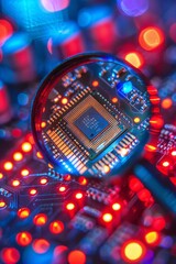 Poster - Macro view of computer microchips on circuit board magnified by lens with empty space for text