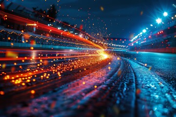 Poster - The image captures the beauty of light reflections and dynamic speed on a rainy speedway, emphasizing the energetic flow