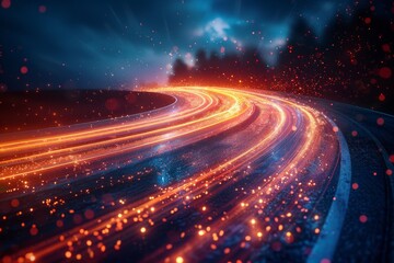 Poster - A mesmerizing capture of a dark, curved road illuminated by fiery light trails under a celestial sky