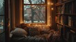 cozy reading nook with twinkling lights and stacks of books embodying tranquility comfort and hygge vibes lifestyle photography