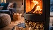 cozy wood stove ablaze with lively flames surrounded by ecofriendly wooden pellets for sustainable heating lifestyle photography