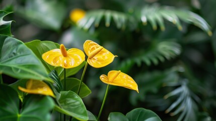 Wall Mural - A bunch of yellow flowers with green leaves