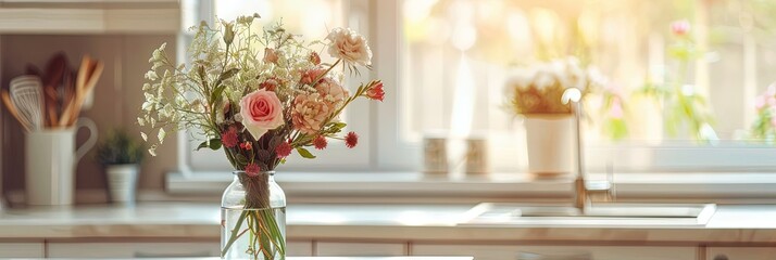 Wall Mural - photo of summer bouquet in vase, on windowsill