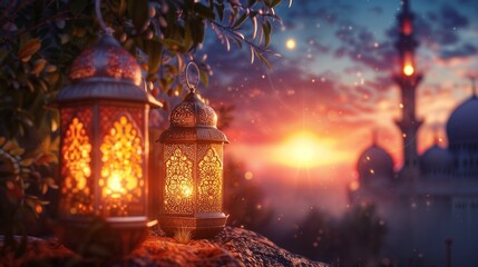 eastern dream landscape, with exotic lanterns in the foreground, and a background landscape with an islamic mosque with minaret and a beautiful golden, pink and blue sunset for a wallpaper