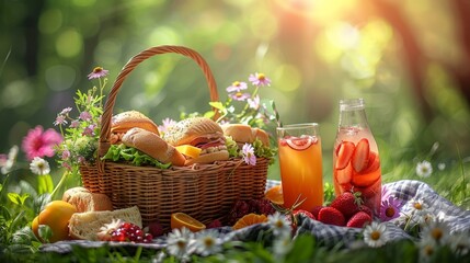 summer picnic essentials, vibrant picnic basket with tasty sandwiches, fruits, and drinks, all set for an enjoyable summer outing