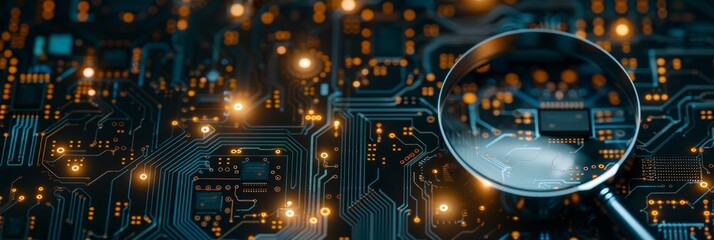 Poster - Macro view of computer microchips on electronic circuit board magnified with copy space