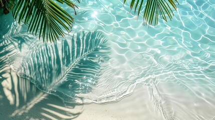 Wall Mural - serene tropical leaf shadows on rippling water surface white sand beach background summer vacation concept