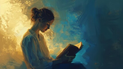 serene woman immersed in reading the holy bible digital painting