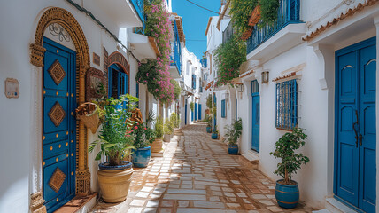 Wall Mural - Street with white buildings and blue doors and windows on island country, vibrant airy scenes 