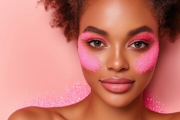 Beautiful african american woman with pink face powder on pink background