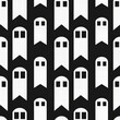 Seamless pattern tile minimalistic cartoon doodle abstract funny simple primitive geometric ghosts for Halloween on black background