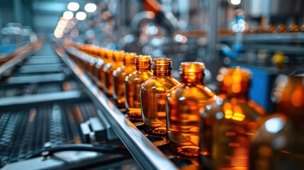 Wall Mural - Beverage production line featuring a stream of filled water bottles on the conveyance system