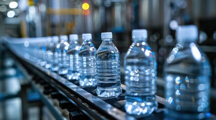 Wall Mural - Beverage production line featuring a stream of filled water bottles on the conveyance system