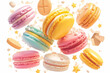Colorful macarons are a sweet cake that is perfect for dessert. A variety of delicious macarons floating in the air to whet your appetite.