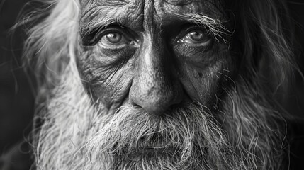 Wall Mural - striking closeup portrait of old man with long white beard and mustache wise biblical character black and white photography