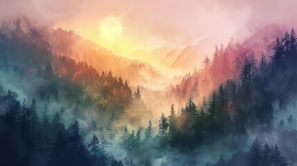 Wall Mural - sunbeams piercing through misty forest canopy ethereal mountain landscape digital painting