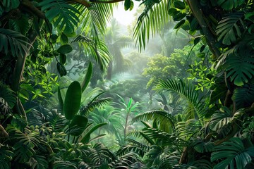 Wall Mural - dense jungle foliage with lush plants framing the sides tropical rainforest landscape panorama