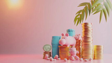 Wall Mural - stack of coin pigy bank pink background with copy space