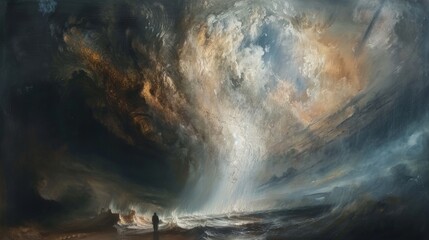 Wall Mural - A painting of a stormy sky with a sun peeking through the clouds