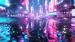 Portrait of night city neon with light reflections from puddles on the street. 3D Rendering