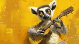 whimsical illustration of a ringtailed lemur curiously examining a musical instrument digital art