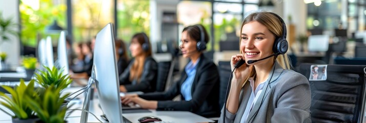 Poster - Customer service woman proudly smiling while answering calls, professional stock image concept