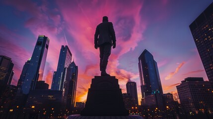 Wall Mural - A statue of a man stands on a building in a city at dusk