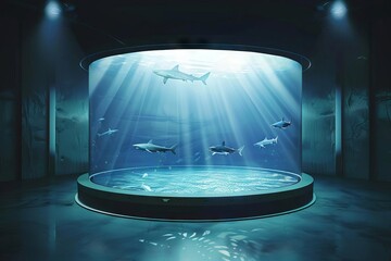 dramatic front view of circular indoor shark tank with sharks swimming inside concept illustration