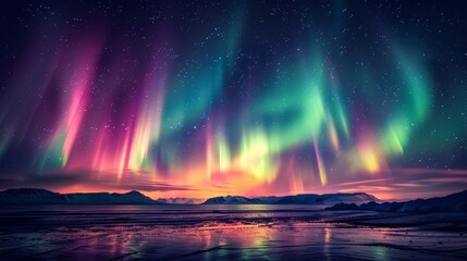 natural phenomena, luminous green and purple hues swirl in the night sky, painting a vivid picture a