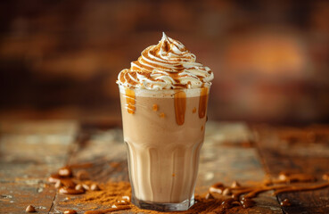 Sticker - dessert delight, a tall glass of caramel milkshake topped with whipped cream, a delightful summer dessert treat that is creamy and indulgent