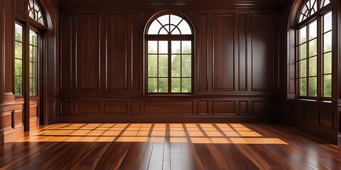 Wall Mural -  empty room with dark wood paneling and window, Luxury wood paneling background or texture. highly crafted classic or traditional wood paneling, with a frame pattern 