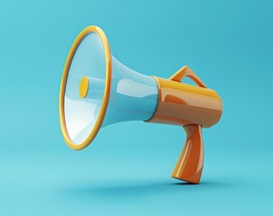 3D icon of megaphone with bell and clouds on blue background, vector illustration, minimalistic style.