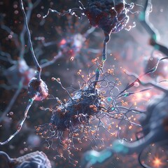 Poster - intricate neural network showcasing synaptic transmission and plasticity in 3d rendered form