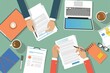 © DWN Media - Two people sitting at a table and an employee signs two documents with his hand, a laptop on a desk in a top view, in the style of an employee.