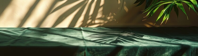 The table countertop is covered with a dark green flannel velvet table cloth, casting a shadow of tropical leaves in the sunlight