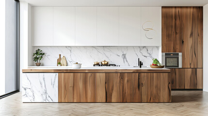 Wall Mural - kitchen with marble countertops and wooden cabinets, promoting healthy eating