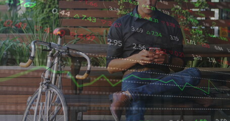 Poster - Image of multicolored trading board over caucasian man with bicycle scrolling on smartphone