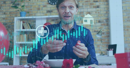 Poster - Image of graphs and icons over caucasian man proposing with ring on image call
