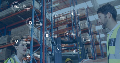 Poster - Image of data processing against caucasian male and female workers discussing at warehouse