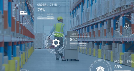Poster - image of data processing against rear view of male worker pulling a pallet truck at warehouse