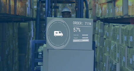 Poster - Image of data processing against biracial male worker operating a forklift at warehouse