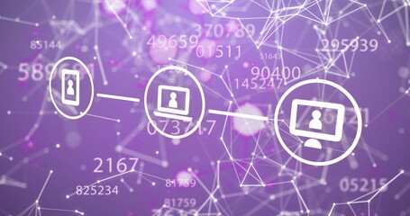 Poster - Image of flowchart of icons over connected dots and changing numbers against purple background